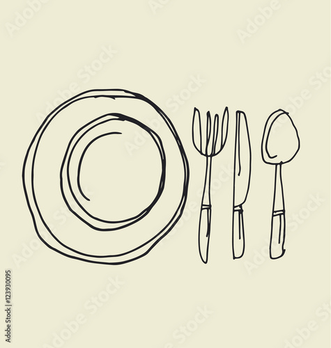 kitchen tableware hand drawn image. fork, knife, plate and spoon