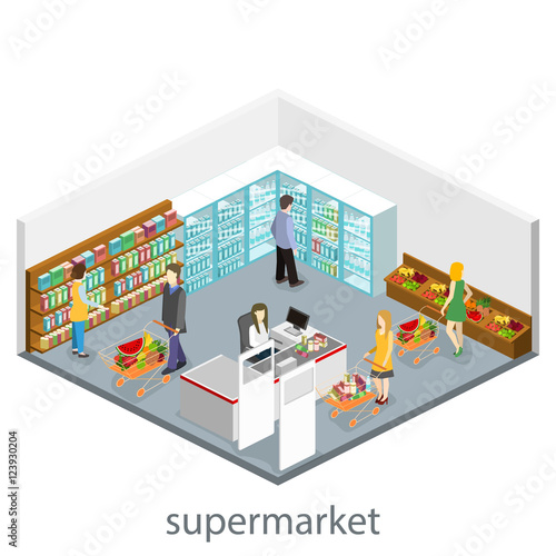 Isometric interior of grocery store. Shopping mall flat 3d isometric web vector illustration.