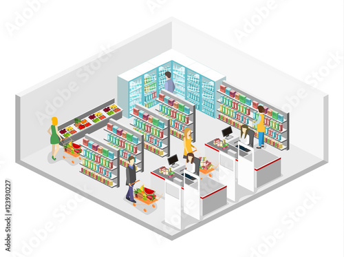 Isometric interior of grocery store. Shopping mall flat 3d isometric web vector illustration.