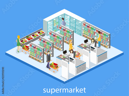 Isometric interior of grocery store. Shopping mall flat 3d isometric web vector illustration.