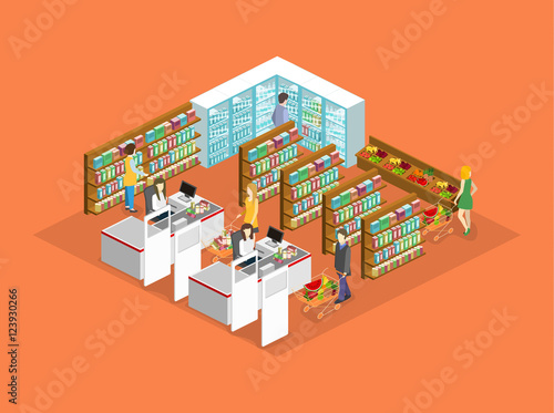 Isometric interior of grocery store. Shopping mall flat 3d isometric web vector illustration.