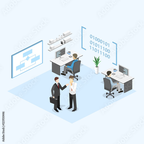 Flat 3D vector isometric concept illustration of office software developer and teamwork. .