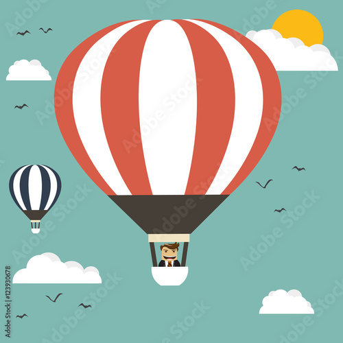 Business man on the balloon ,Hot Air Balloon and Clouds , vector illustration