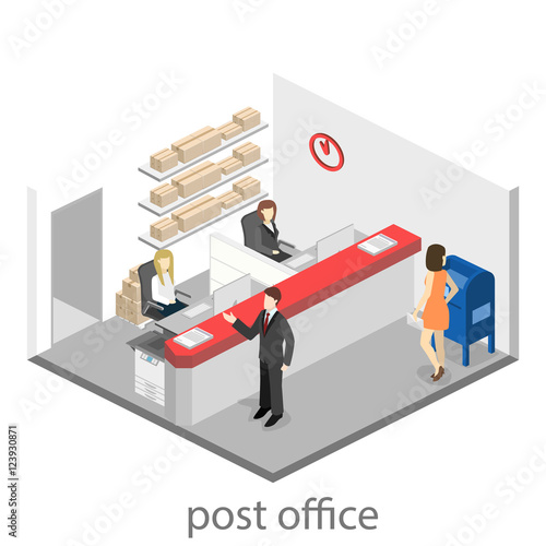 Isometric flat 3D interior of post office.