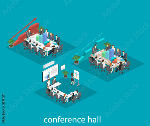 Business meeting in an office Business presentation meeting in an office around a table. Isometric flat interior