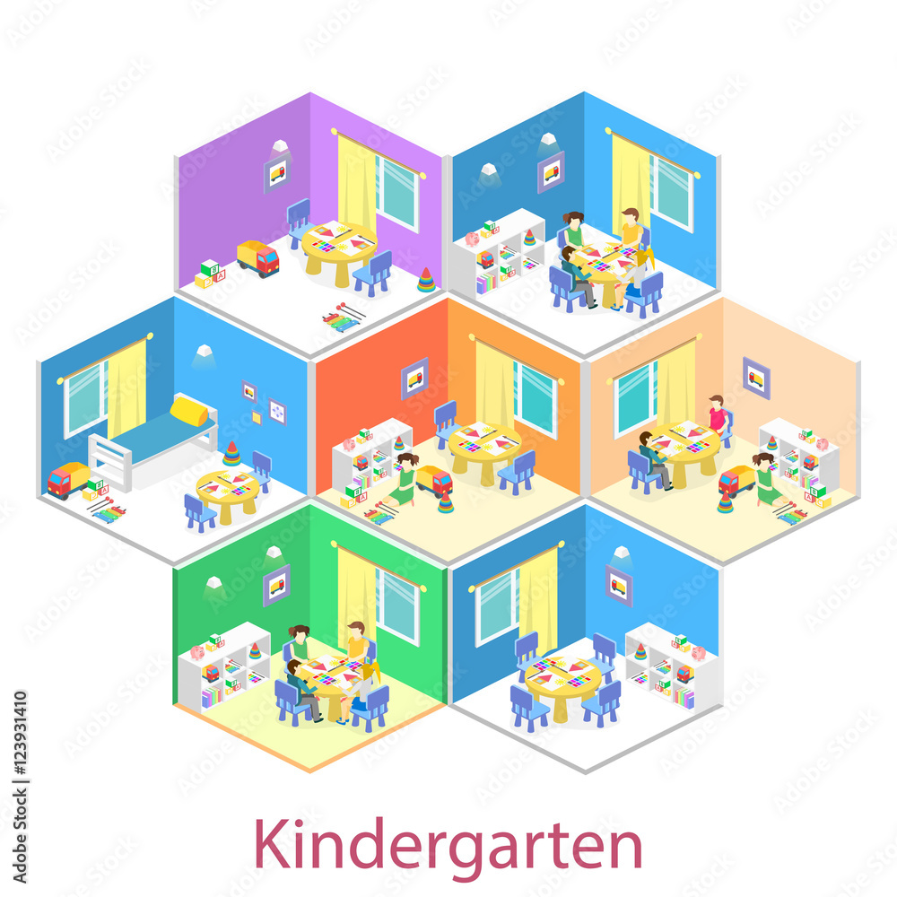 Isometric interior of room in the kindergarten. Children draw. Flat 3D illustration