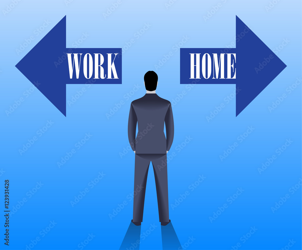 Work life balance business concept. Confident businessman in business suit stands before HOME and WORK arrows pointing in opposite directions and have to pick one. Vector illustration. Work life balance business concept. Confident businessman in business suit stands before HOME and WORK arrows pointing in opposite directions and have to pick one. Vector illustration.