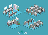 Flat 3d isometric abstract office floor interior departments concept. illustration of office