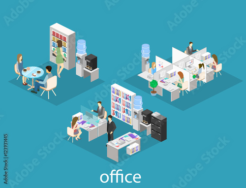 Flat 3d isometric abstract office floor interior departments concept . People working in offices.