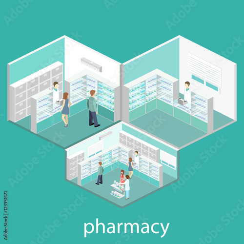 Isometric interior of pharmacy.