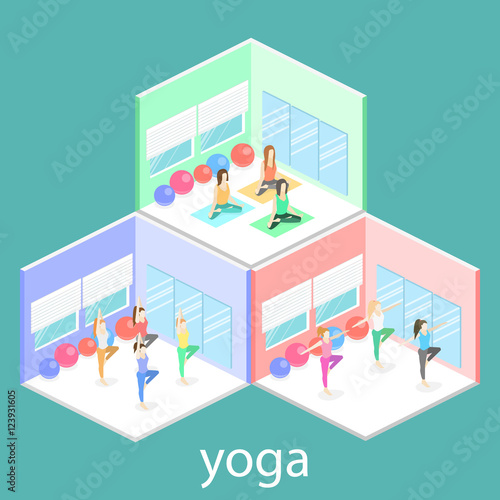 Isometric interior of yoga class. people do yoga.