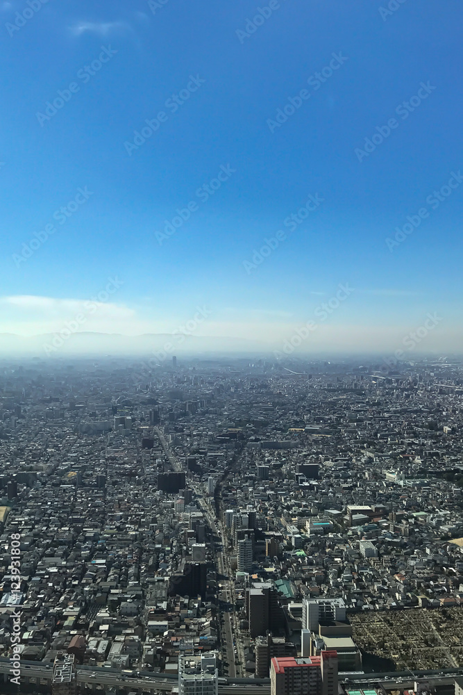 OSAKA JAPAN - 15 OCTOBER, 2016: Osaka city view from Abeno Harukas building in Tennoji. Abeno Harukas is a multi-purpose commercial facility and is the tallest building in Japan.