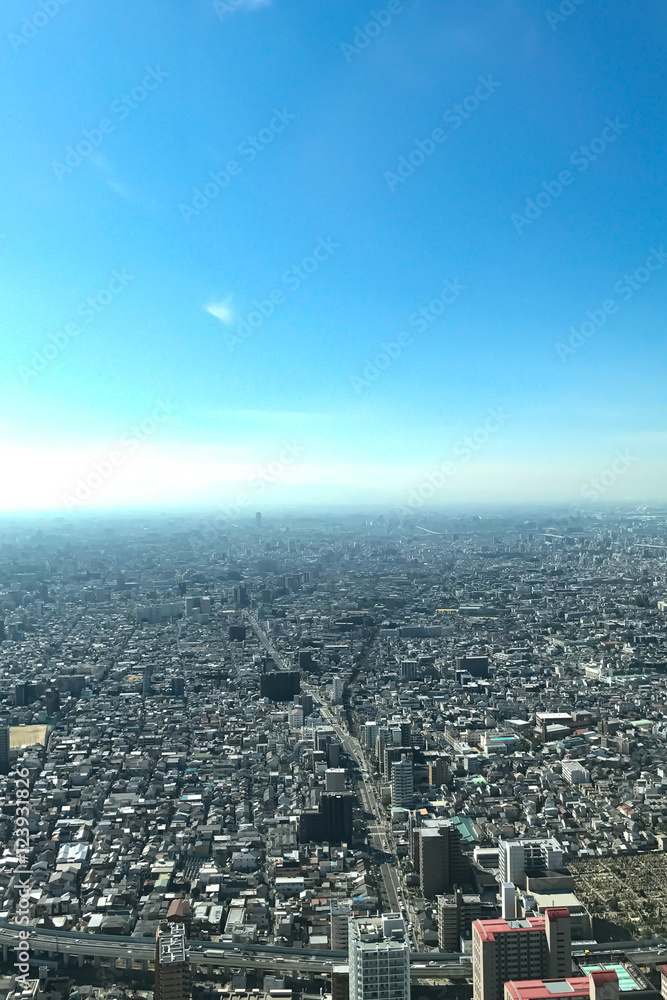 OSAKA JAPAN - 15 OCTOBER, 2016: Osaka city view from Abeno Harukas building in Tennoji. Abeno Harukas is a multi-purpose commercial facility and is the tallest building in Japan.