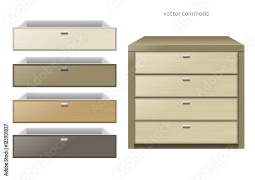 Front chest and different boxes of different kinds of wood or chipboard colors. Vector graphics