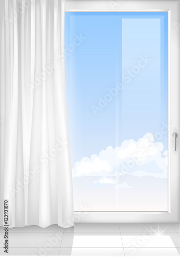 White room with white window and the white curtains. Modern interior in vector graphics