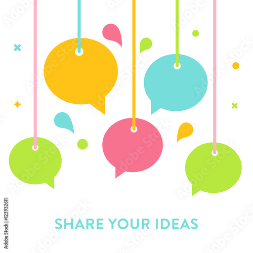 Speech Bubbles Hanging on Strings. Communication, Sharing Ideas, Speaking and Socializing Concept