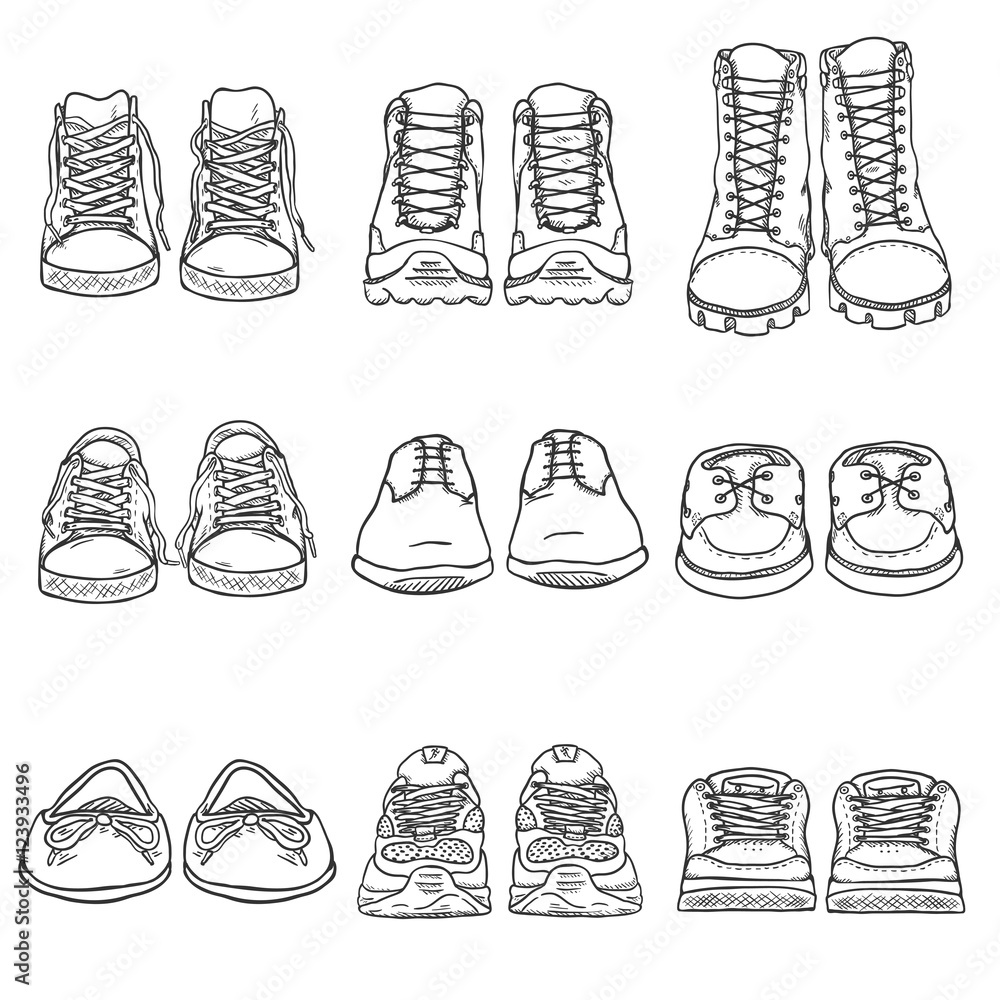 Vector Set of Sketch Shoes Items. Front View Collection Stock Vector |  Adobe Stock