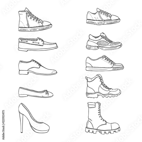 Vector Set of Sketch Shoes Items. Side View Collection