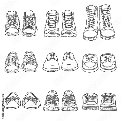 Vector Set of Sketch Shoes Items. Front View Collection