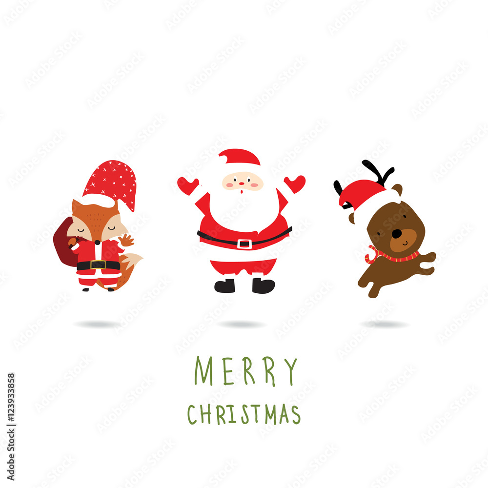Light colorful christmas greeting card with fox,santa claus and