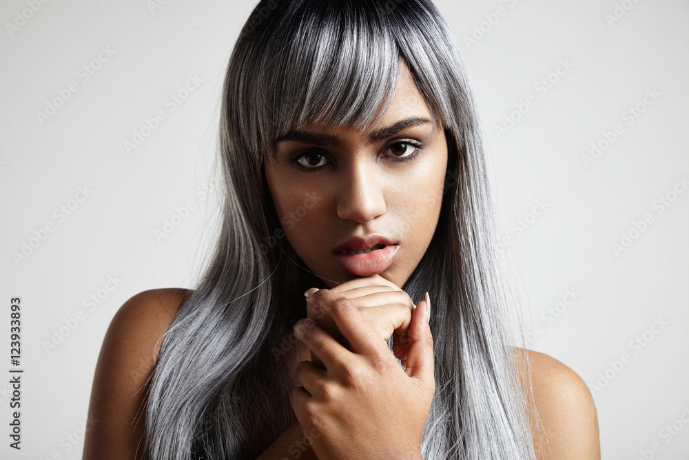 black woman with gray hair portrait. ideal skin. creative colour black woman with gray hair portrait. ideal skin. creative colour