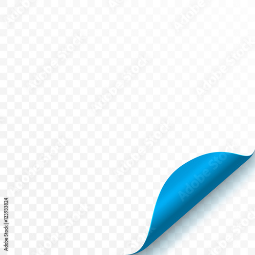 Curled corner of blue paper. Realistic vector illustration with transparent shadow, eps 10.
