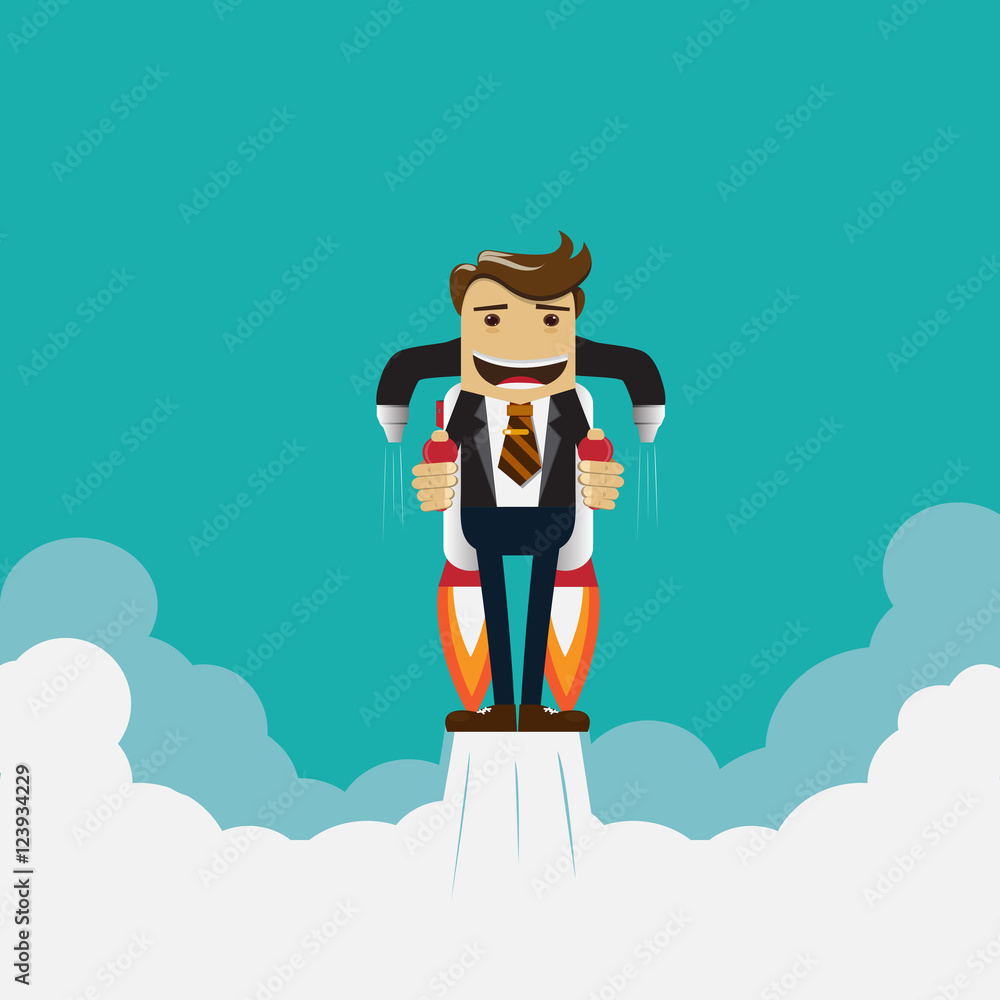Flying businessman with jet pack,vector illustration.
