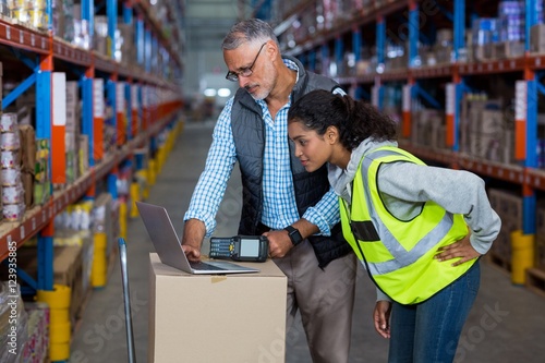 Canvas-taulu Warehouse workers discussing with laptop