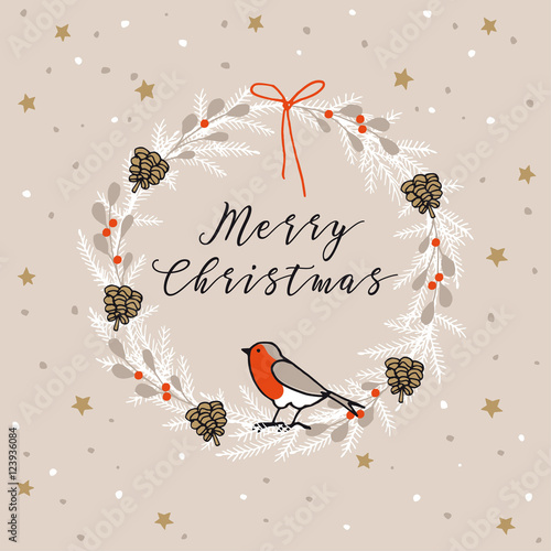 Vintage Merry Christmas , Happy New Year greeting card, invitation. Wreath made of evergreen branches, berries, finch bird.