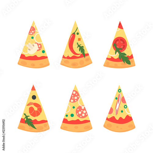Set of pizza slices with different toppings including shrimps, chili pepper, mushrooms, bacon, cheese, tomatoes, salami