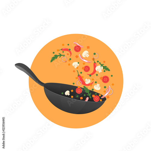 Cooking process vector illustration. Flipping Asian food in a pan. 
