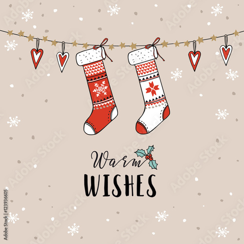Vintage Christmas, New Year greeting card, invitation. Traditional decoration, hanging knitted socks, stockings, hearts, snow.