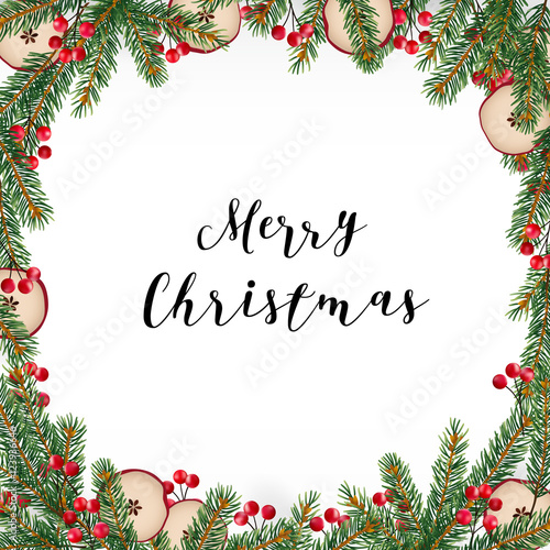 Decorative traditional Merry Christmas frame, wreath. Fir, spruce green branches decorated with red berries and dried apples