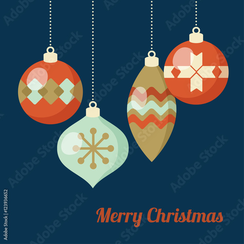 Retro Christmas greeting card, invitation. Hanging Christmas balls, baubles, ornaments.  Flat design. Vector illustration.