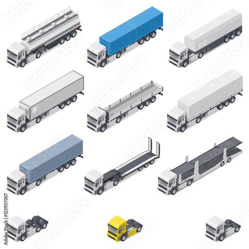 Trucks with different semi-trailers detailed isometric icons set