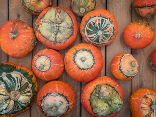 Unusual type of pumpkin Turban squash on a wooden counter. Many orange pumpkin on a wooden table. Pumpkin for a holiday photo