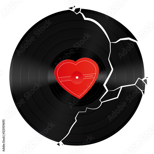 Broken vinyl record with unlabeled heart shaped center.