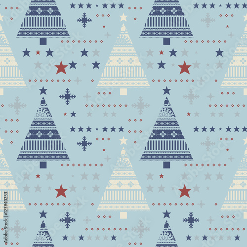 Cute seamless pattern with stars, christmas trees, snowflakes