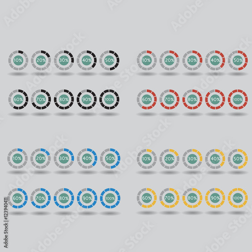 icons pie graph circle percentage blue yellow red black chart 10 20 30 40 50 60 70 80 90 100 % set illustration round vector
