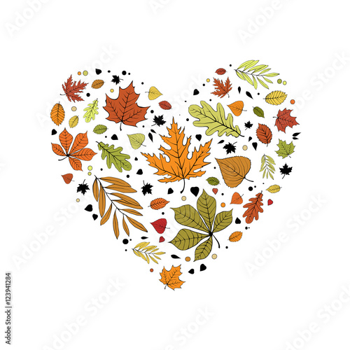 Colorful red, green, orange and yellow autumn leaves heart design on white background.