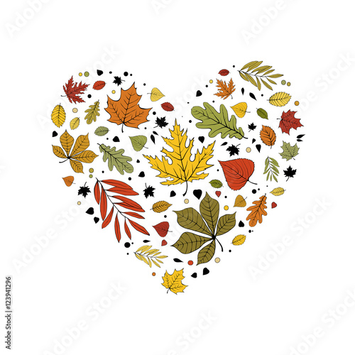 Colorful red, green, orange and yellow autumn leaves heart design on white background.