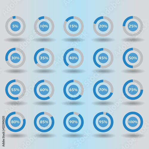 icons template pie graph circle percentage blue chart 5 10 15 20 25 30 35 40 45 50 55 60 65 70 75 80 85 90 95 100 % set illustration round vector