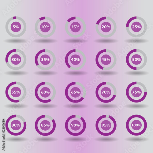 icons template pie graph circle percentage purple chart 5 10 15 20 25 30 35 40 45 50 55 60 65 70 75 80 85 90 95 100 % set illustration round vector
