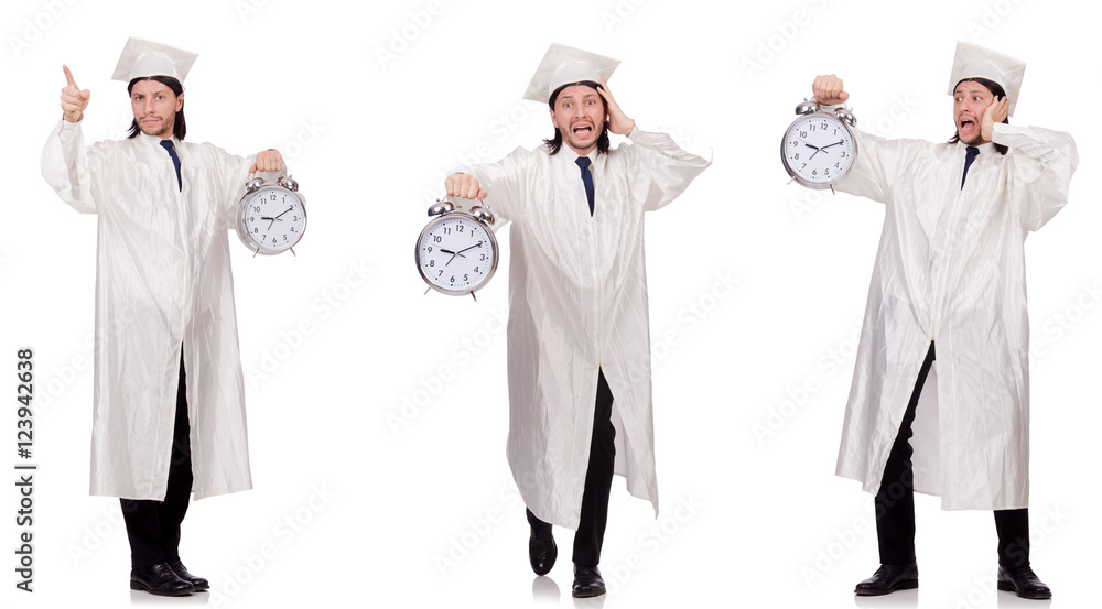 Young man student with clock isolated on white
