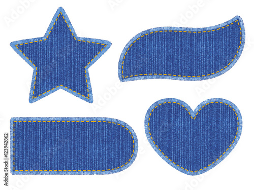 Set of black denim patches with stitch. Different shapes with place for your text isolated on white background