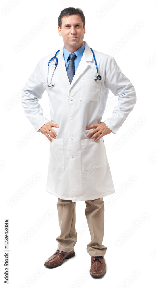 Full-length male man doctor physician in lab coat with hands on hips isolated on white background Full-length male man doctor physician in lab coat with hands on hips isolated on white background