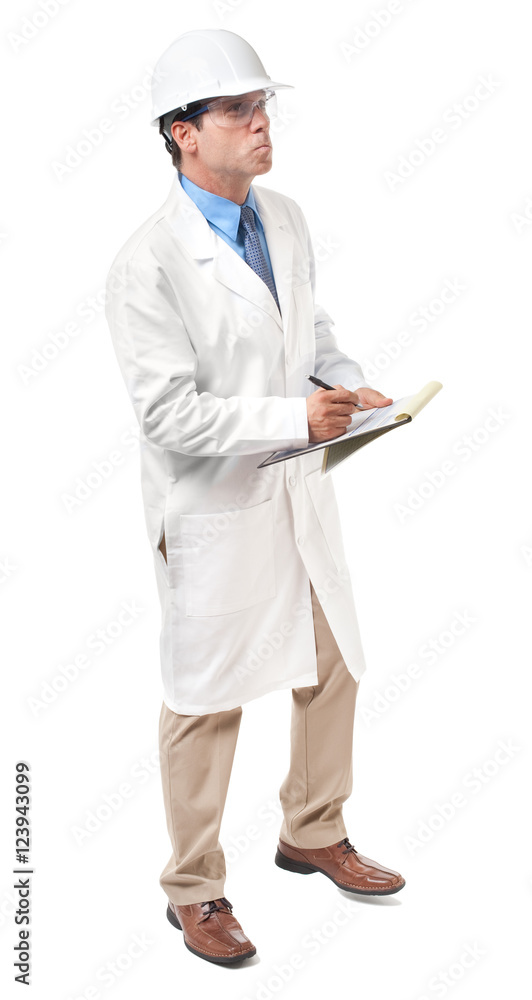 Full-length scientist engineer chemical industrial researchers in hard hat and lab coat with clipboard isolated on white background Full-length scientist engineer chemical industrial researchers in hard hat and lab coat with clipboard isolated on white background