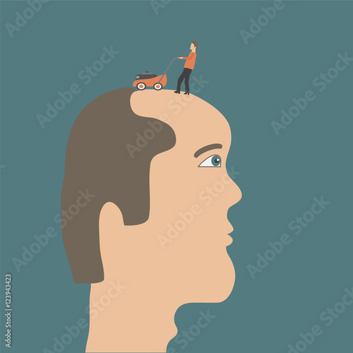 Hair care concept. Baldness. Lawn-mower shaving head of bald man. Flat vector illustration.