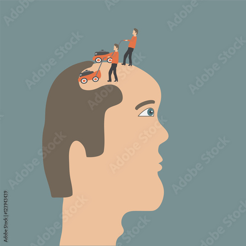 Hair care concept. Baldness. Lawn-mower shaving head of bald man. Flat vector illustration.