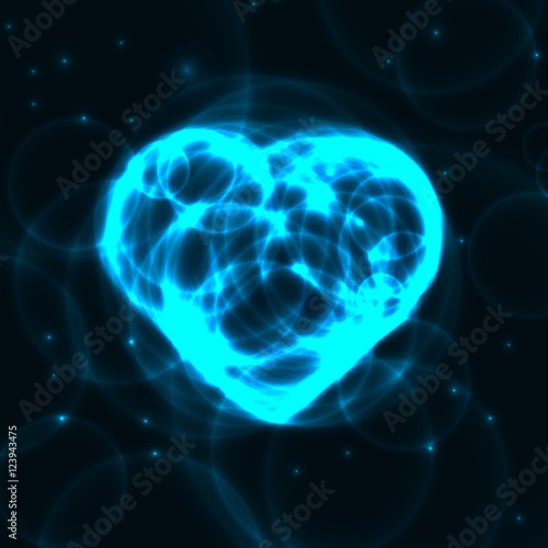 Blue neon plasma laser heart on dark background
